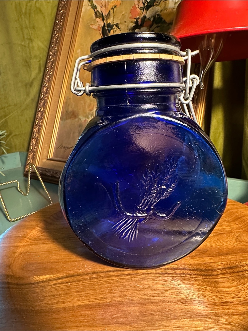 Cobalt Blue Glass Canister, 6” Tall/Latch Top/Wheat Design, Made in Italy,